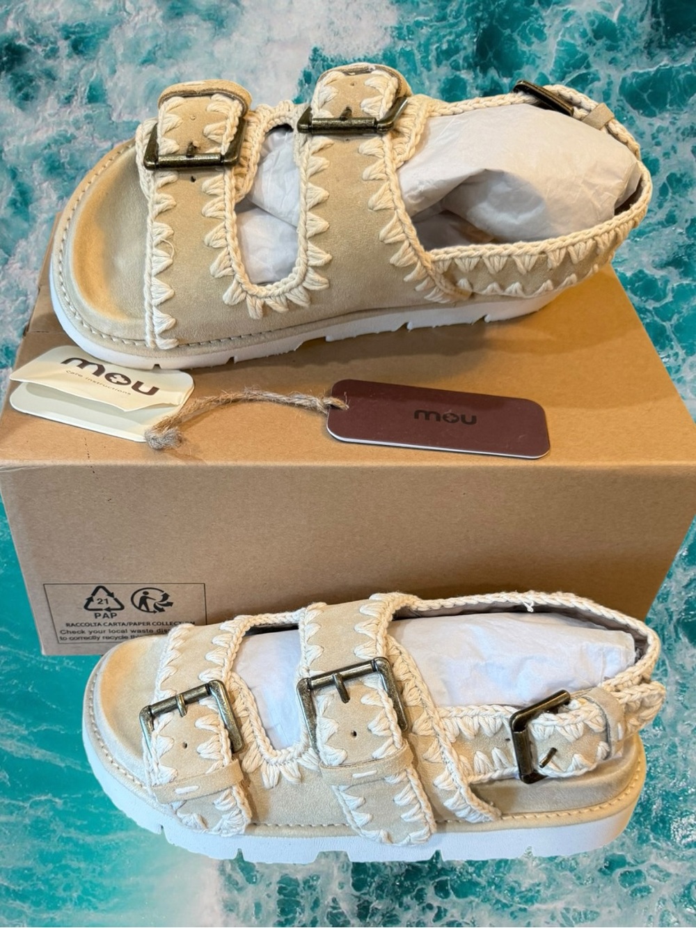 NIB MOU Bio Crochet Suede Buckle Sandals Platform Footbed Slingback Size 39